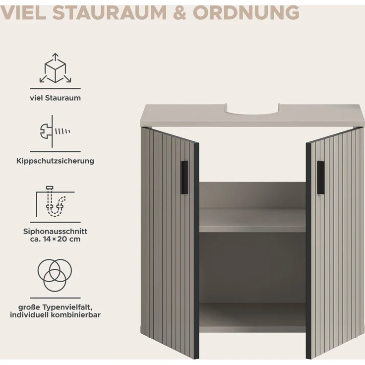 xonox. home – Waschbeckenunterschrank Mone 60 x 59 x 30 cm in Kaschmir Nachbildung – Badunterschrank mit 2 Türen, verstellbarem Boden & Siphonausschnitt – Praktisch, modern & ideal für jedes Badezimmer – Bild 9