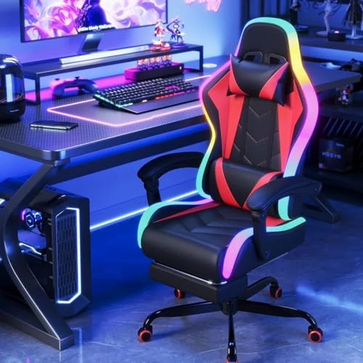 JUMMICO Gaming Stuhl mit led, Cool Racing Gamer Stuhl, Ergonomischer Bürostuhl mit Massagefunktion, Verstellbare Rückenlehne 90-135°, mit Teleskop Fußstütze, Gamingstuhl 150 kg belastbarkeit, Rot – Bild 3
