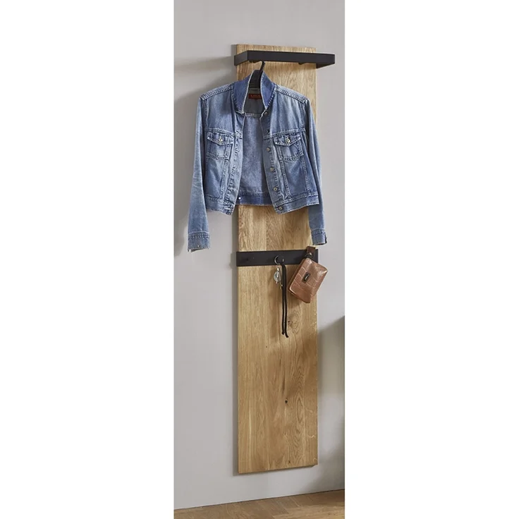 Haku Wandgarderobe aus Eiche Massivholz mit schwarzem Metallrahmen, 7 Haken und Kleiderstange, 35x25x175 cm – Bild 4