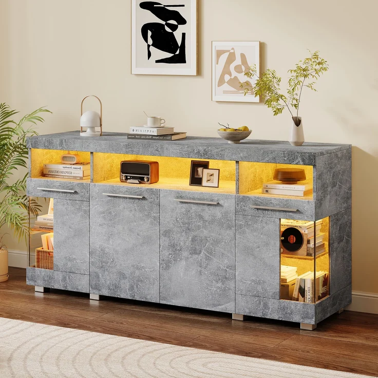 Beistelltisch Sideboard 140x40x70 cm, zementgrau mit LED-Beleuchtung & Glasfronten – Bild 2