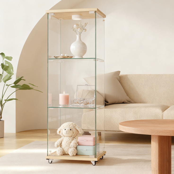 Moderne Glasvitrine mit LED-Beleuchtung,Vitrine,Bücherregal aus gehärtetem Glas,Geeignet für Wohn- und Schlafzimmer, eintüriges dreistufiges Design, Naturholzoptik-H120/B42.5/T36.5 cm--Natürlich--42.5x36.5x120cm--YOUDENOVA – Bild 6