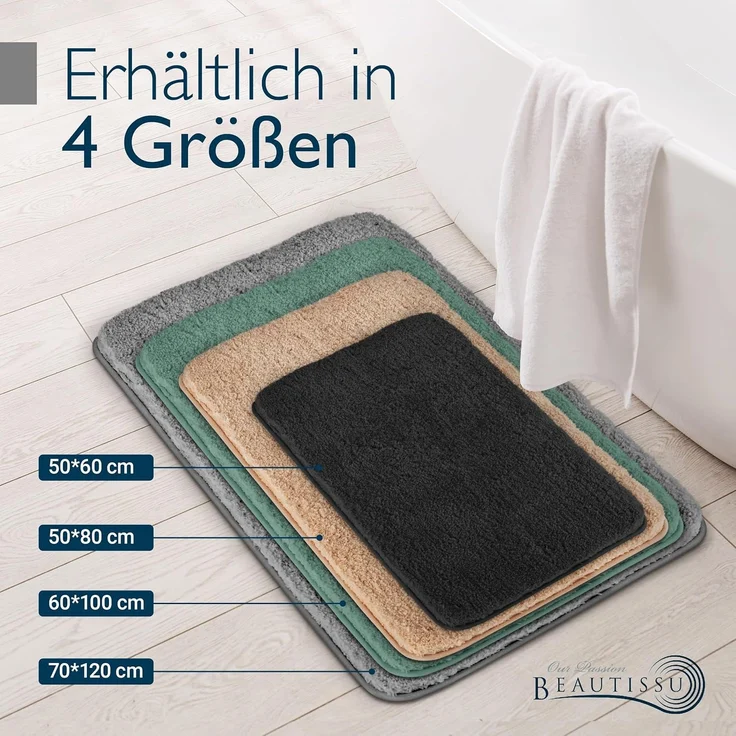 Beautissu Badematte rutschfest 120x70 cm – Duschvorleger Hochflor Badteppich rutschfest Waschbar Shaggy Optik – Flauschig Badvorleger Badezimmerteppich Groß – Badematte Mintgrün BeauMare FL – Bild 3