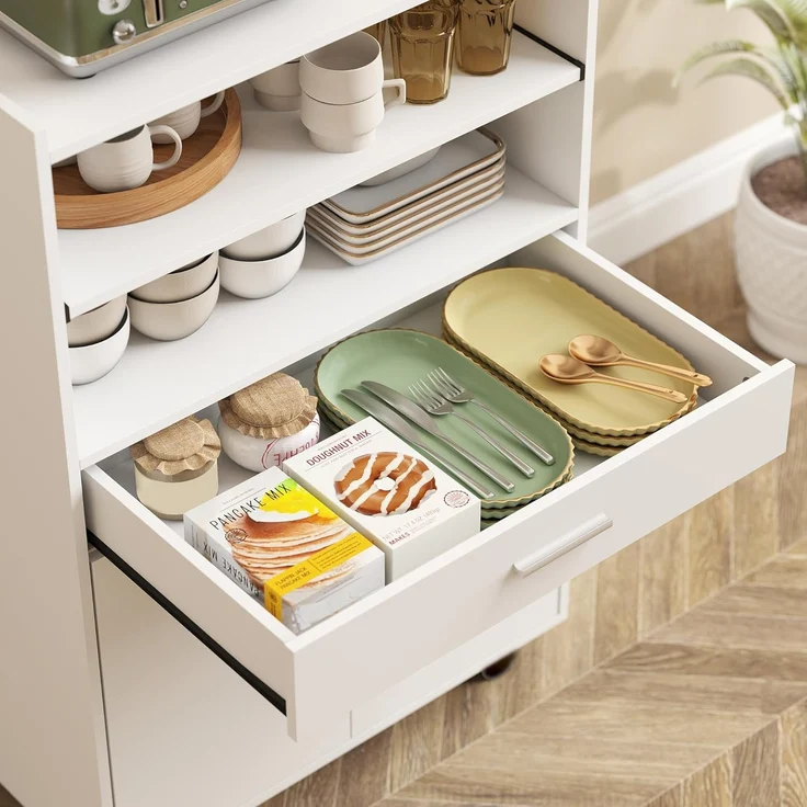 HOMCOM Küchenbuffet Doppeltürschrank (Küchenschrank, 1-St, mit Schubladen, Rollen) für Küche, Esszimmer, Weiß – Bild 9