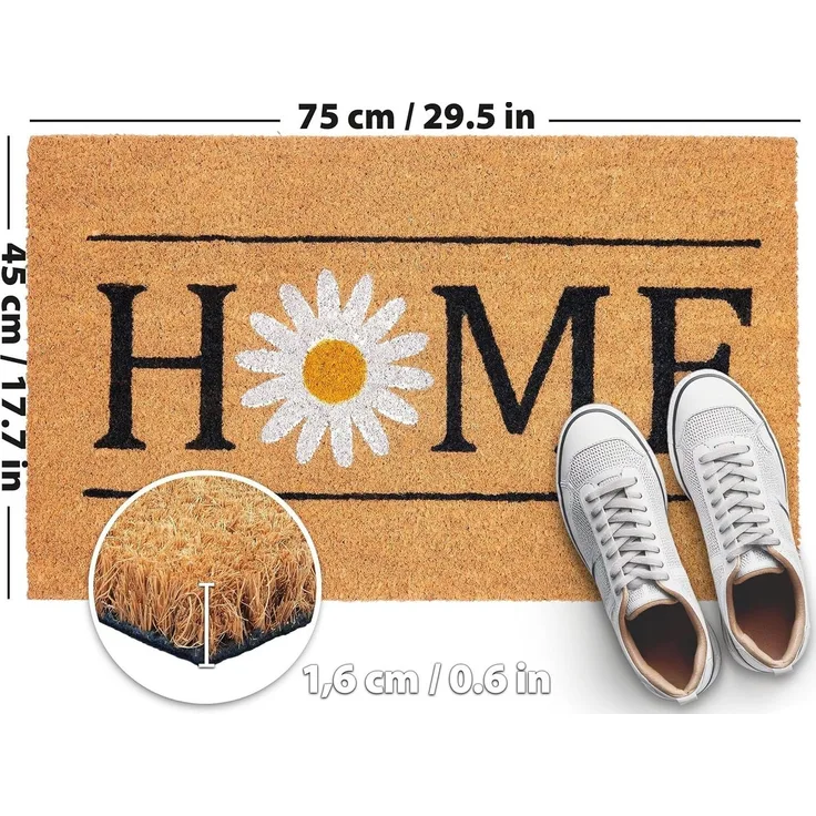 BRUBAKER Fußmatte 45 x 75 cm – Home mit Gänseblümchen - Schmutzfangmatte, Rechteckig, Höhe: 15 mm, Türmatte für Außen und Innen - Wetterfest und Rutschfest