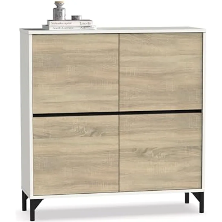 Muebles Pitarch | Eingangsschuhkipper mit Beinen, 4 Türen, Weiß und Eiche Cambrian, 20 Paar große Schuhe, 96,5x101x33 cm, Modern, Industrial, Modell Tokio