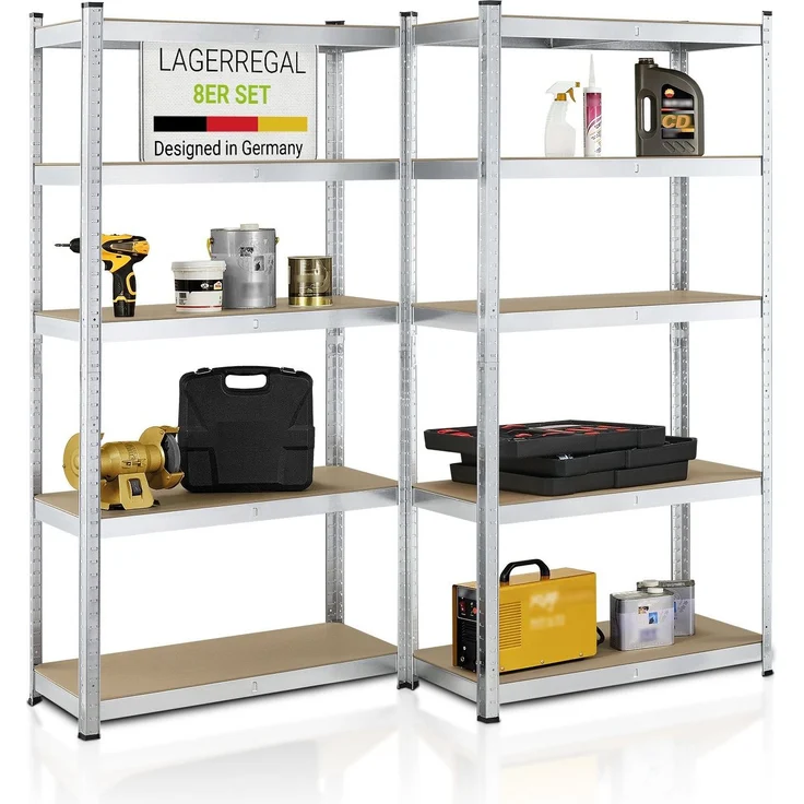 Juskys Lagerregal Basic 8er Set 180x90x40 cm – 8 Schwerlastregale mit 40 Böden – max. 7000 kg - Metall verzinkt - Regale Kellerregal Metallregal – Bild 1