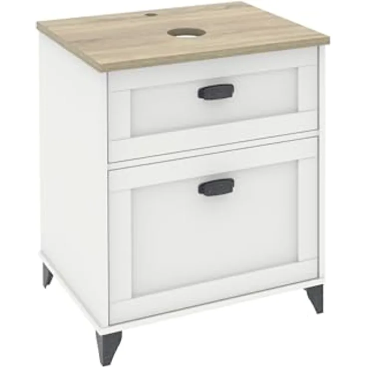 MUEBLES PITARCH Badezimmerschrank, 60 cm breit, mit Beinen, Schubladenführungen mit Softclose, 1 Tür, für Aufsatzwaschbecken, Weiß und Eiche Cambrian, Vintage-Stil, toskanisches Modell