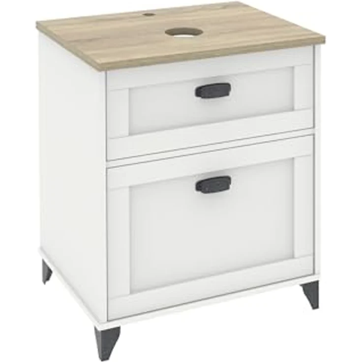 MUEBLES PITARCH Badezimmerschrank, 60 cm breit, mit Beinen, Schubladenführungen mit Softclose, 1 Tür, für Aufsatzwaschbecken, Weiß und Eiche Cambrian, Vintage-Stil, toskanisches Modell – Bild 1