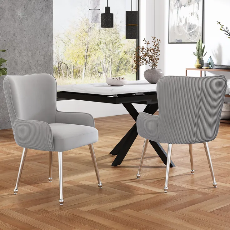 2er-Set Samt-Esszimmerstühle mit Armlehnen, grau/silber, 53x57x83 cm