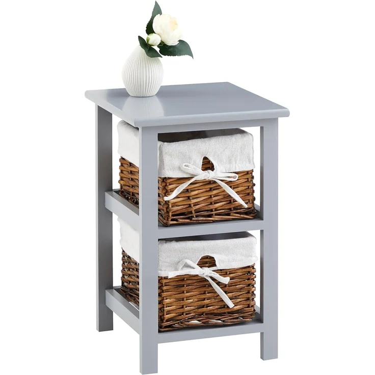 IDIMEX Nachtkommode NOKOMIS, Nachttisch mit 2 Weidekörben und Stoffeinsatz Landhausstil Grau