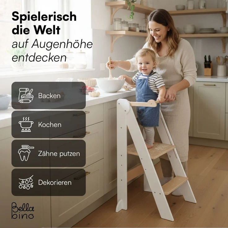 Bellabino 'Tay' Lernturm für Kinder ab 1 Jahr, Tritt 2-fach höhenverstellbar, weiß/natur, Birke Sperrholz, klappbar, Tritthocker bis 50 kg belastbar – Bild 7