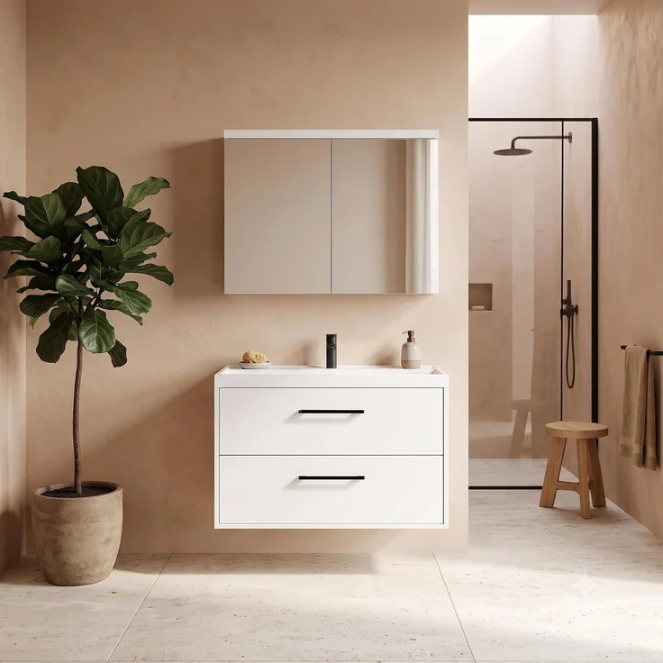 Badplaats Badmöbel Florence 80 x 40 cm - Matt Weiß - mit Waschbecken und Spiegelschrank – Bild 2
