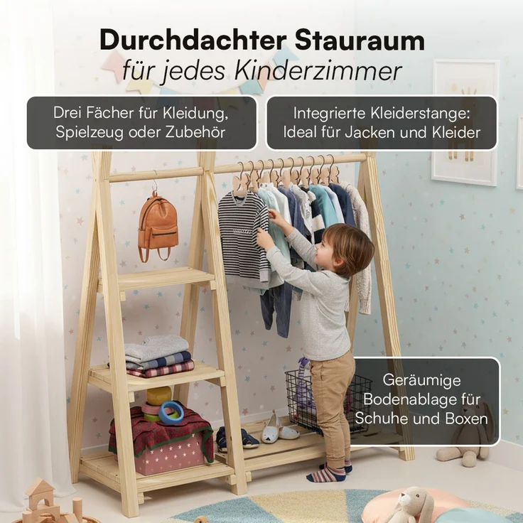 Bellabino 'Ryck' Tipi Kleiderstange mit 3 Regalen, Kiefer Massivholz, natur, 112x48x112 cm, Kindergarderobe mit Schuhablagefläche – Bild 3