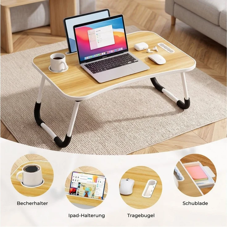 AKKEE Laptoptisch Betttablett Klappbar, Frühstückstablett mit Griff und Getränkehalter, Ideal für Lesen und Arbeiten – Bild 3