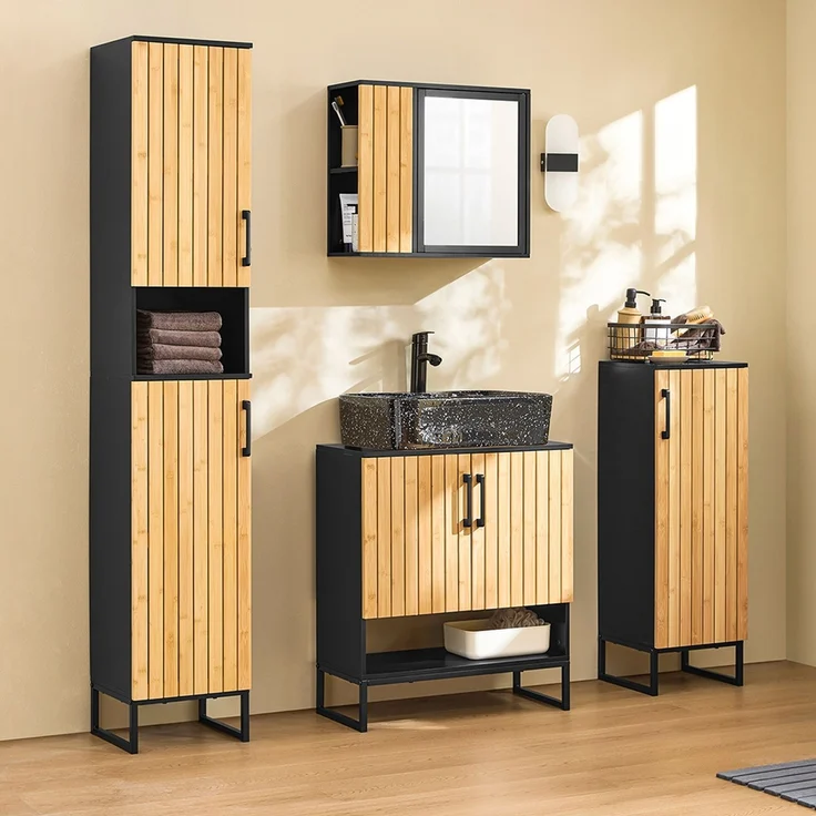 SoBuy BZR202-SCH Waschbeckenunterschrank, MDF, Lackiert, Bambus, 60 x 70 x 30 cm – Bild 8