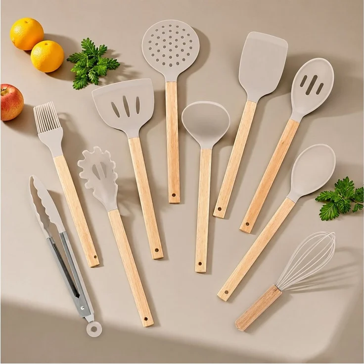 Diyarts Kochbesteck-Set (für beschichtete Pfannen, inklusive Kochmesser, Beige 23-teilig, Grün, Weiß und Schwarz je 20-teilig), Schonende Silikon-Küchenhelfer mit Holzgriffen & Messer im Set – Bild 4