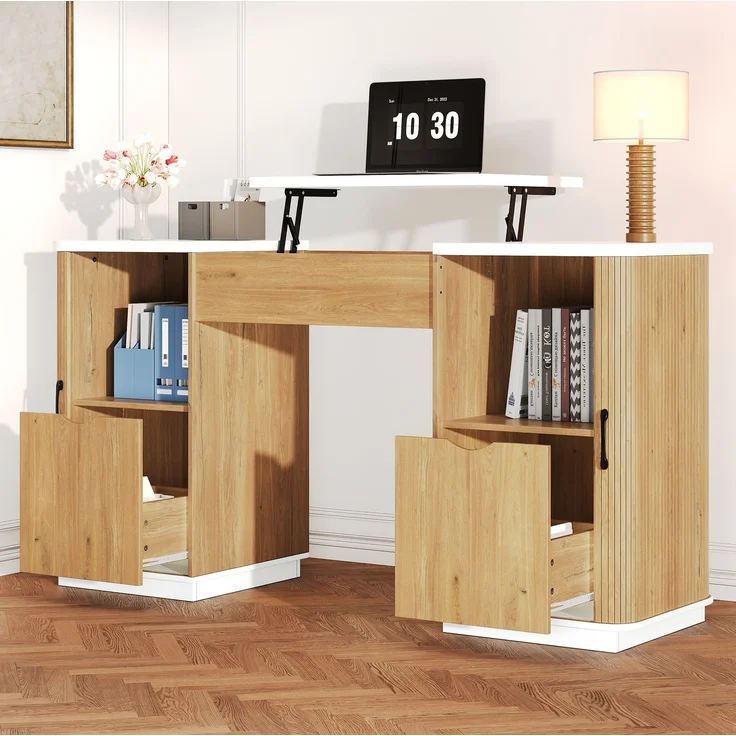 Höhenverstellbarer Schreibtisch mit Stauraum, 140x50x78/92 cm, Weiß/Eichenoptik – Bild 2