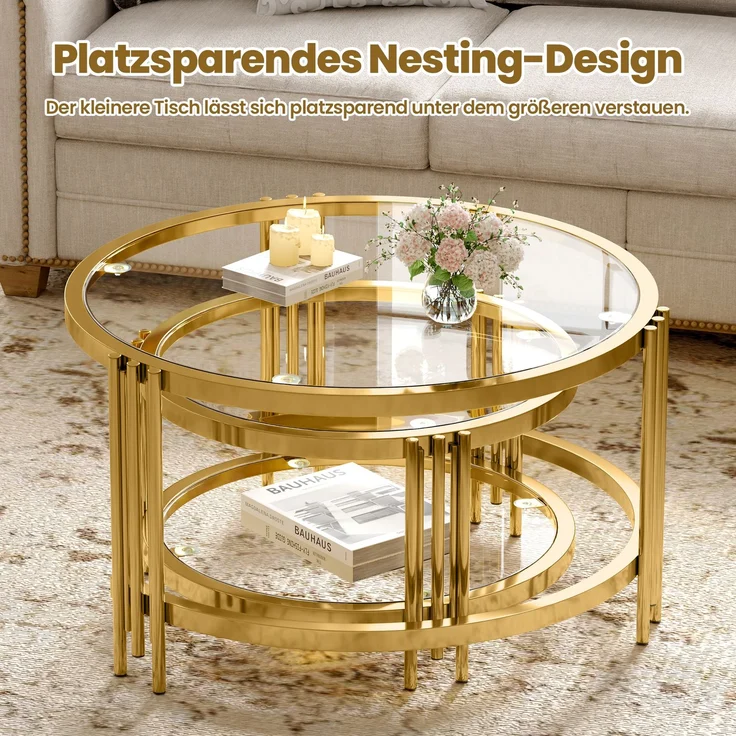 Couchtisch 80x80x45 cm – Quadratischer Glastisch mit goldfarbenem Metallgestell – Bild 8