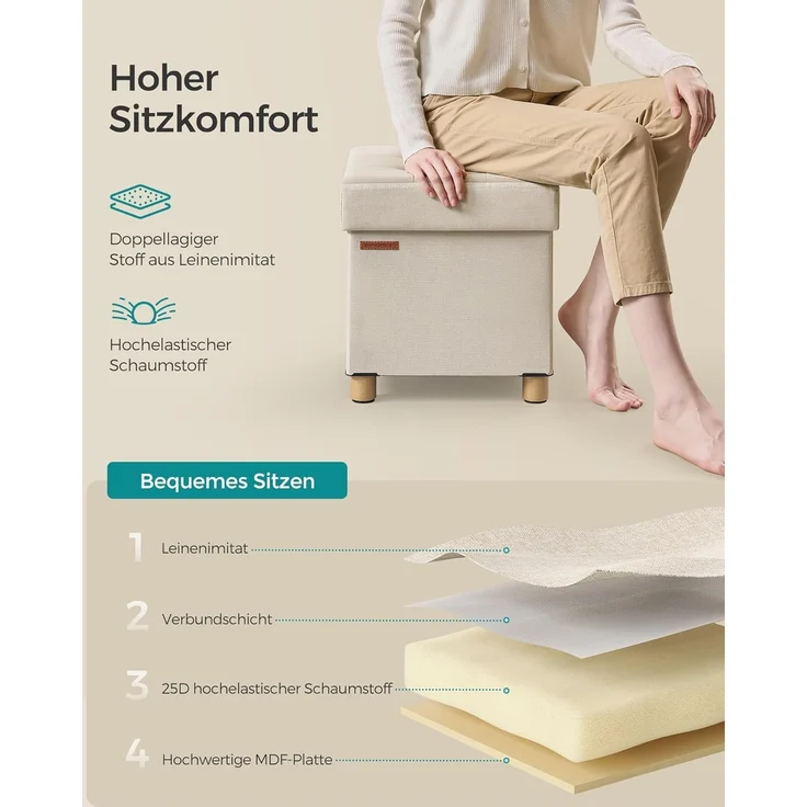 Songmics Sitzhocker mit Stauraum, kleine klappbare Sitzbank, 38x38 cm Fußbank, Aufbewahrungsbox, bis 300 kg belastbar, für Wohnzimmer Schlafzimmer Schlafsaal, Cremeweiß – Bild 5