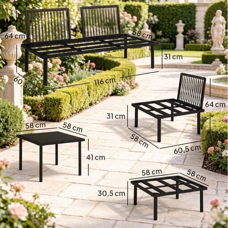 6-teiliges Gartenlounge-Set mit Glas-Couchtisch, 64x116x60,5 cm, Schwarz/Hellgrau – Bild 5