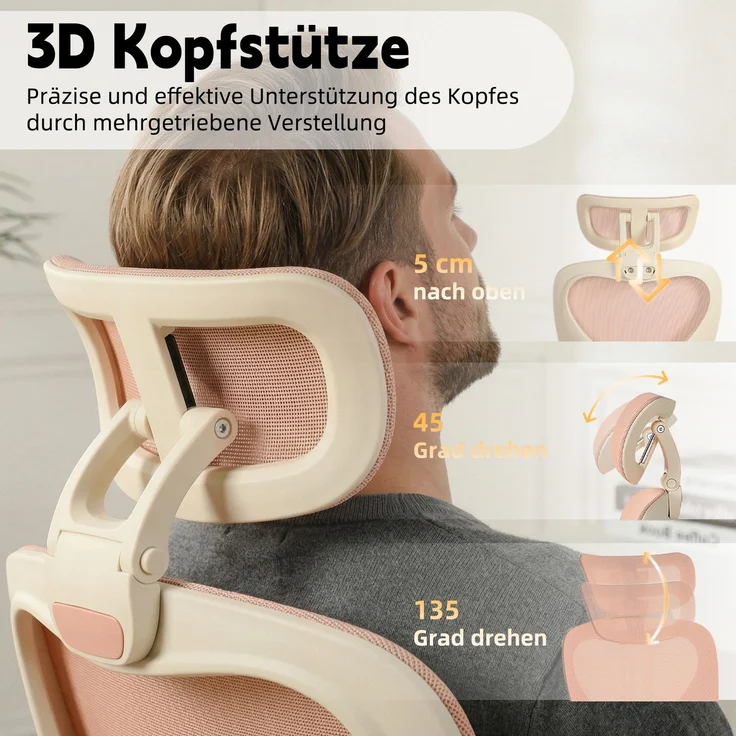 Klappbarer ergonomischer Bürostuhl, kleiner Platz-Klappstuhl mit Taillenstütze, Ganznetzschiebekissen, klappbare Armlehnen, 3D-Kopfstützen und Bürostuhl mit Arbeitspedalen,pink--Rosa--129x48.5x62cm--YOUDENOVA – Bild 8
