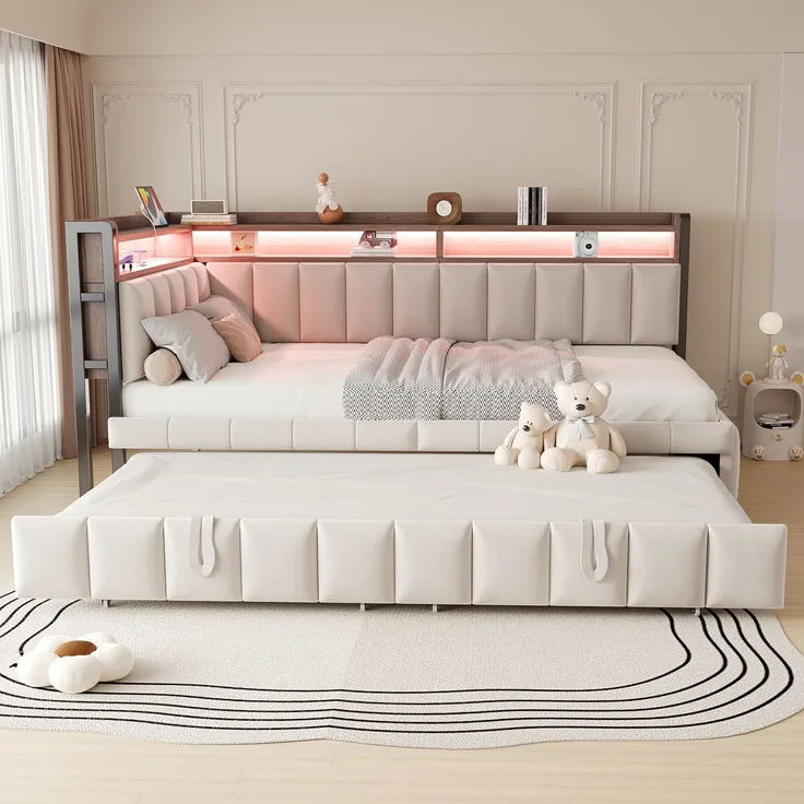 Merax Einzelbett, 90x200cm Polsterbett, Schlafsofa, mit Ausziehbett, LED-Beleuchtung und Ablagefächern am Kopf- und Fußende, Ausgestattet mit USB- und Typ-C-Anschlüssen, Samtstoff Beige