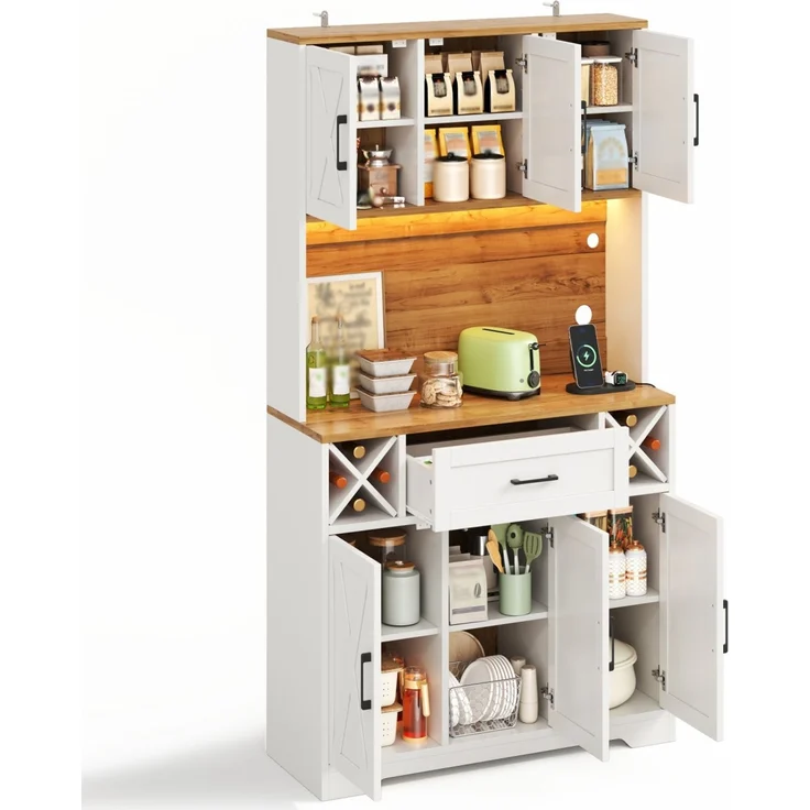 Küchenschrank, hoher Stauraumschrank mit LED-Beleuchtung, Vorratsschrank mit Weinregalen, Weinschrank & Vitrinenschrank für Wohnzimmer und Esszimmer, 180 × 105 × 40 cm--Natur + Weiß1--105x40x180cm--YOUDENOVA – Bild 10