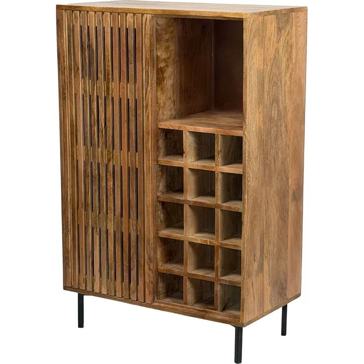 Hausbar Mango Massivholz 80x123cm Barschrank mit Schiebetür im Gitter-Design - Bar Schrank Weinaufbewahrung - Spirituosenschrank mit Metallbeine und Weinregal Handmade