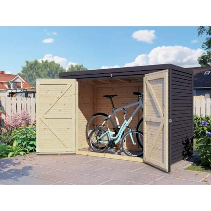 Bertilo Geräteschrank, 103 x 207 x 143 cm, anthrazitgrau, aus nordischer Fichte, für Gartenutensilien und Fahrräder – Bild 2