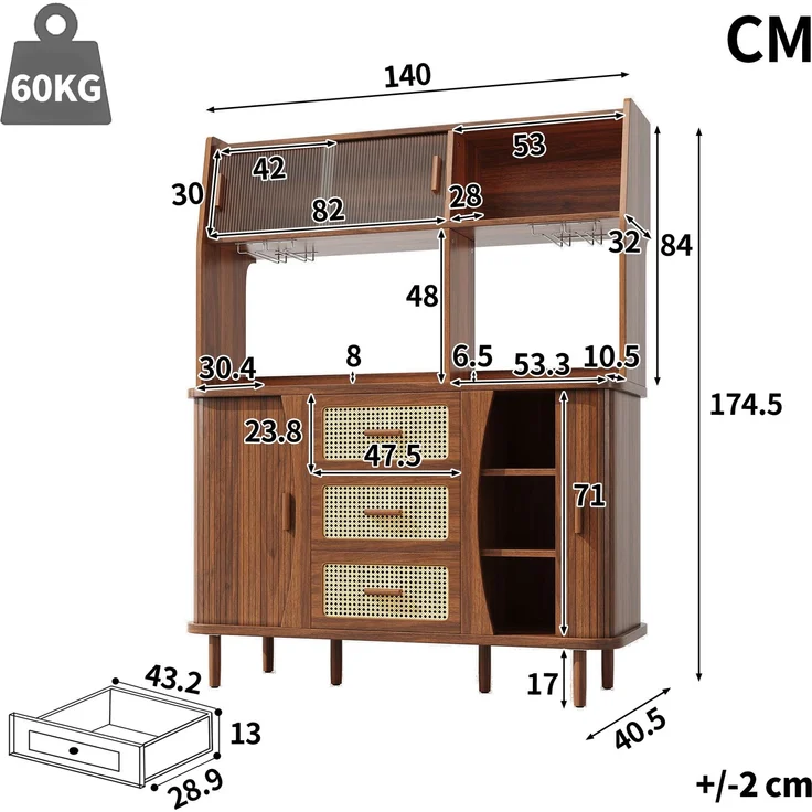 Hochwertiger Buffetschrank mit Rattanoptik & Glasschiebetüren, 174,5cm hoher Küchenschrank mit Stauraum, Naturholz-/Nussbaum-Optik, belastbar bis 60kg – Bild 5