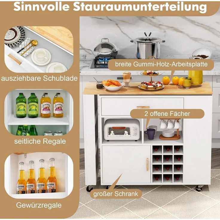 COSTWAY Küchenwagen, mit ausziehbarer Arbeitsplatte & Rollen, Schublade, Weinregal – Bild 2