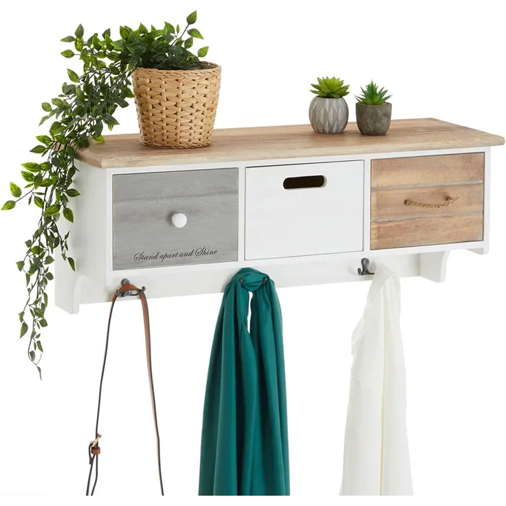 CARO-Möbel Wandgarderobe Salva in weiß im angesagtem Vintagelook, Moderne Garderobenleiste, Hängegarderobe mit 3 Schubkästen und Haken