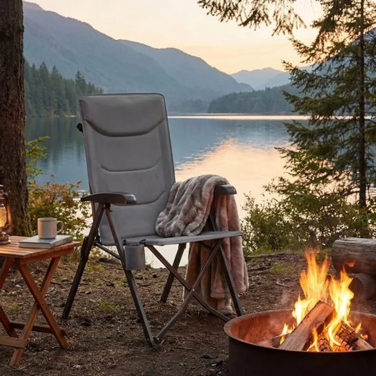 SONGMICS Campingstuhl, verstellbare Rückenlehne 95°-150°, Getränkehalter, Tragetasche, Angeln, Garten, Camping, grau – Bild 1