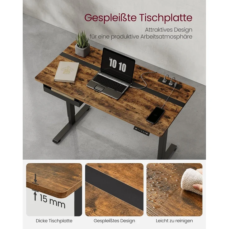 Vasagle Höhenverstellbarer Schreibtisch elektrisch, mit Steckdose und Schublade, stufenlos verstellbar, Memory-Funktion mit 4 Höhen, vintagebraun-schwarz, Tischoberfläche 60x120 cm – Bild 6
