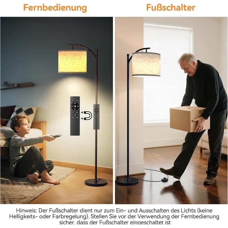 YICAIZI Stehlampe Wohnzimmer Dimmbar, Modern Standleuchte mit 3 Farbtemperaturen, Beigen Leinen-Lampenschirm, 12W Glühbirne inklusive, Fernbedienung und Fußschalter (Beige) – Bild 3