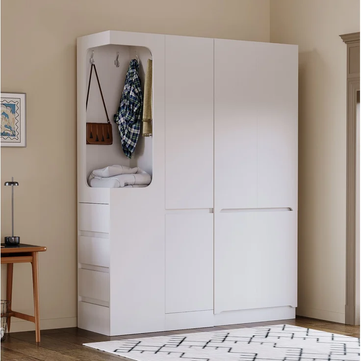 Kleiderschrank 140 x 40 x 170 cm in Weiß und Holzfarbe mit offenem Hängebereich und Schubladen – Bild 1