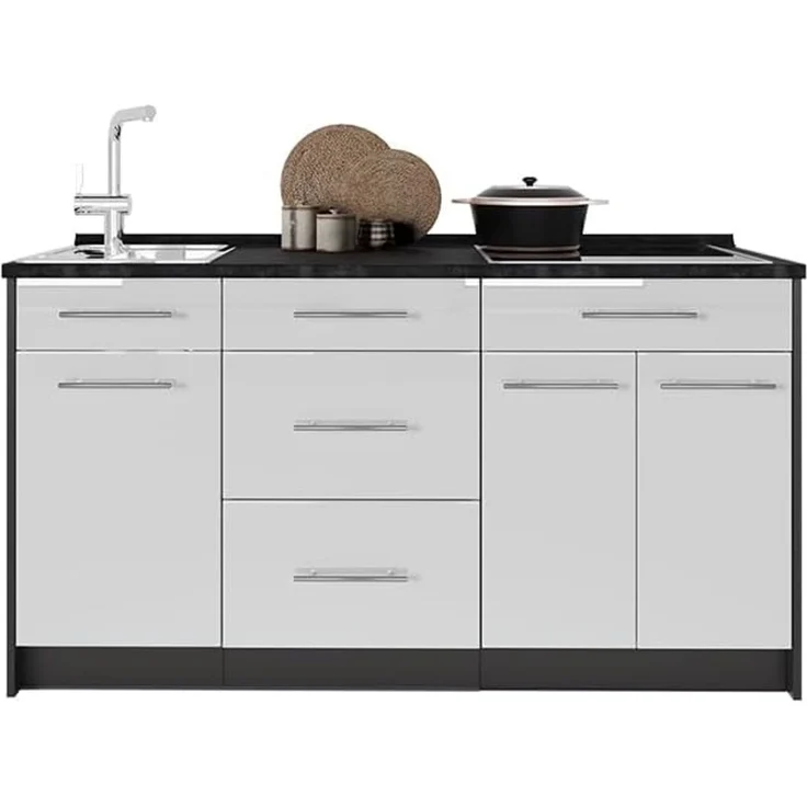 Küchenblock Fame-Line Weiß Hochglanz 150 cm, AP Eiche Vicco – Bild 8