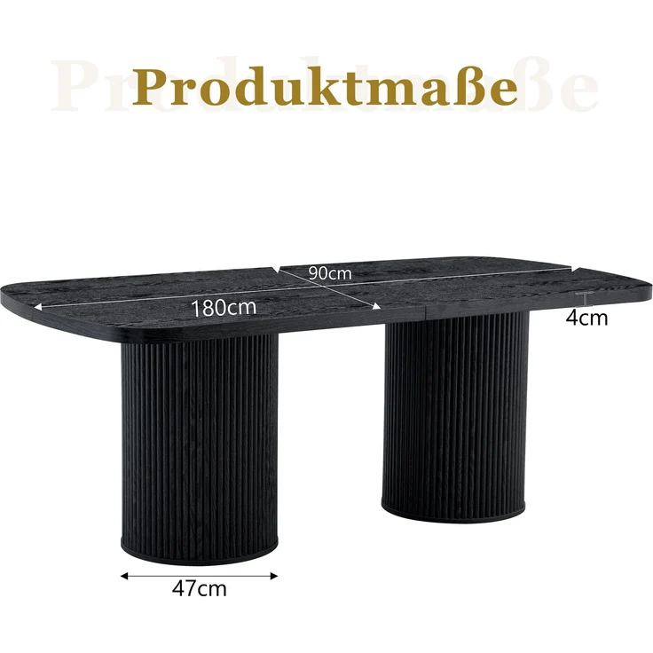 Esstisch 180x90x76 cm mit ovaler Tischplatte und geriffeltem Zylinderfuß, MDF in Schwarz – Bild 6