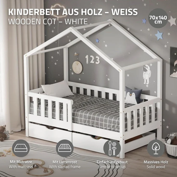 ML-DESIGN Spielbett Hausbett Kinderbett inkl. 2 Schubladen, Lattenrost und Rausfallschutz, Abenteuerbett 70x140cm mit Matratze Himmelbett Kiefer Jugendbett Weiß – Bild 3