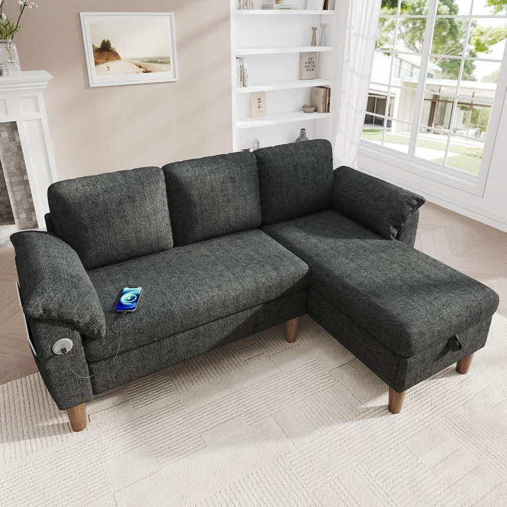 Merax L-förmiges Ecksofa, 3-Sitzer Sofa mit Stauraum-Chaiselongue, links/rechts montierbar, USB/Type-C-Ladeanschluss, Seitentasche, 2 halbfeste Armlehnenkissen, Chenille Stoff, Grau – Bild 5