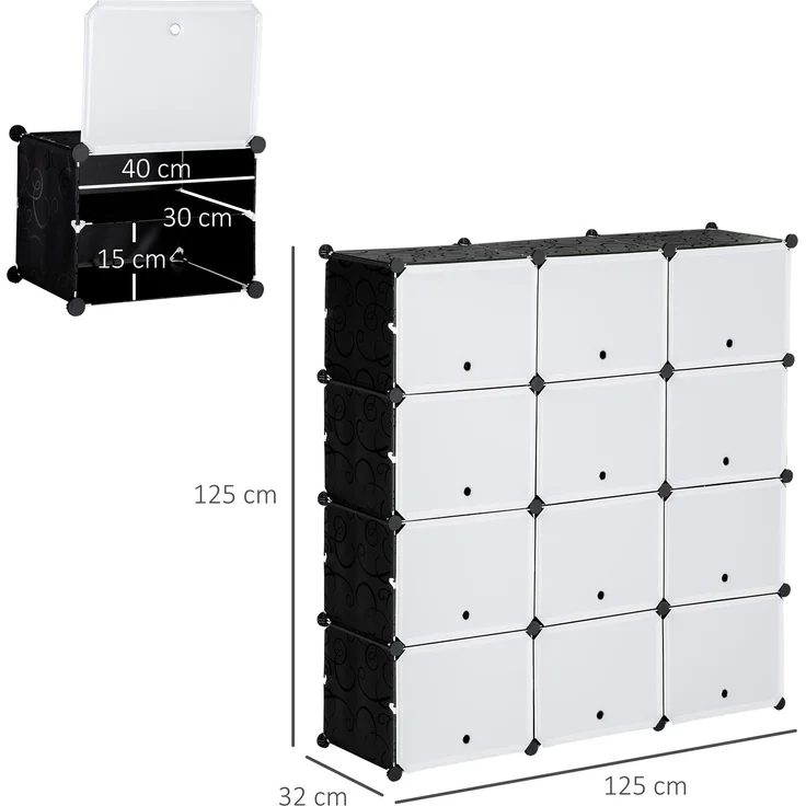 Modulares Regalsystem, Steckregal, zusammensetzbar aus 12 Würfeln 125 x 32 x 125 cm, Kunststoff+Stahl Schwarz--Schwarz+Weiß--125x32x125cm--YOUDENOVA – Bild 5