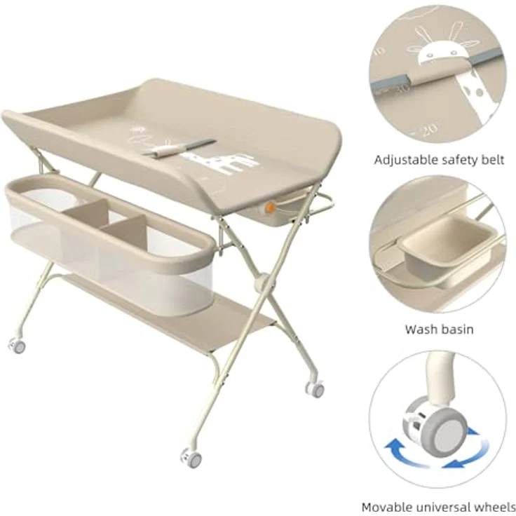 Wickelstation für Baby, Wickeltisch, faltbar, tragbar, Wickeltisch, faltbar, tragbar, mit Aufbewahrungskorb, maximale Belastung von 25 kg,75 x 68 x 83–91 cm (Cremeweiß) – Bild 10