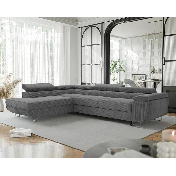 Idohome Eckschlafsofa (Ausrichtung links), mit Bettkasten, Schlaffunktion, komfortabler Sitzfläche und verstellbaren Kopfstützen, Dunkelgrau Cord, 274x203 cm – Bild 2