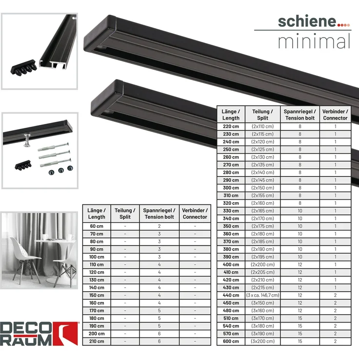 Deco-Raum Gardinenschiene Minimal, 1-läufig, Wunschmaßlänge, kürzbar, Deckenmontage, verschraubt, Aluminium, Komplett-Set vorgebohrt – Bild 4