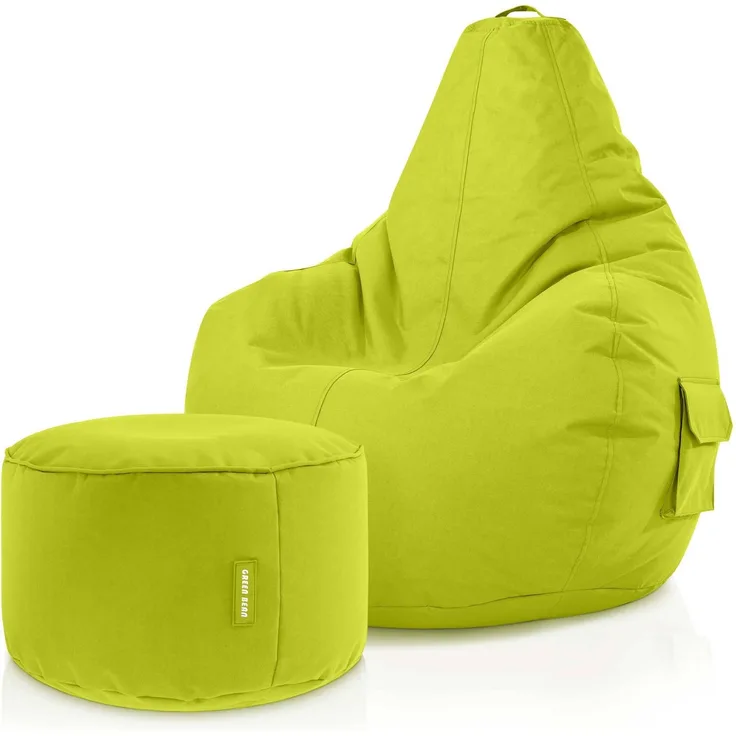 Green Bean® Sitzsack + Hocker, 2er Set, robust, waschbar, schmutzabweisend, Hellgrün, 90 x 80 x 70 cm