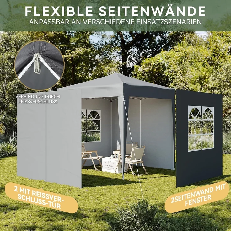 Aoxun Pop Up Pavillon 2x2m Wasserdicht mit 4 Seitenwänden, Metallrahmen-Schutzzelt, Höhe Verstellbar, Faltpavillon 2x2 mit Tragetasche für Camping Party, Grau – Bild 5