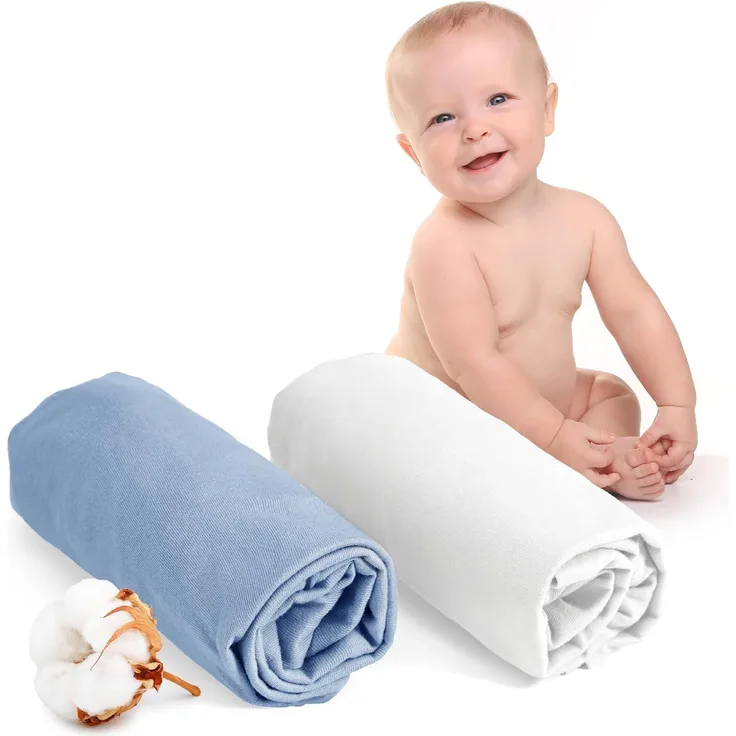 Dreamzie - Spannbettlaken 70x140 Baby 2er Pack - Baumwolle Oeko Tex Zertifiziert - Weiß und Blau - 100% Jersey Spannbetttuch 70x140 cm