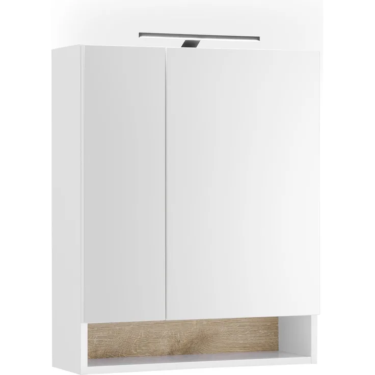 Badezimmerspiegelschrank >Denver< LED, Steckdose, weiß matt / eiche Dekor - 60x75x22 (BxHxT)