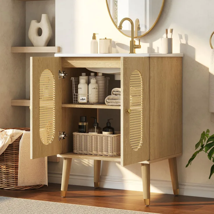 Waschtischunterschrank 61 x 47 x 89 cm mit Keramikwaschbecken, Rattantüren und Holzoptik