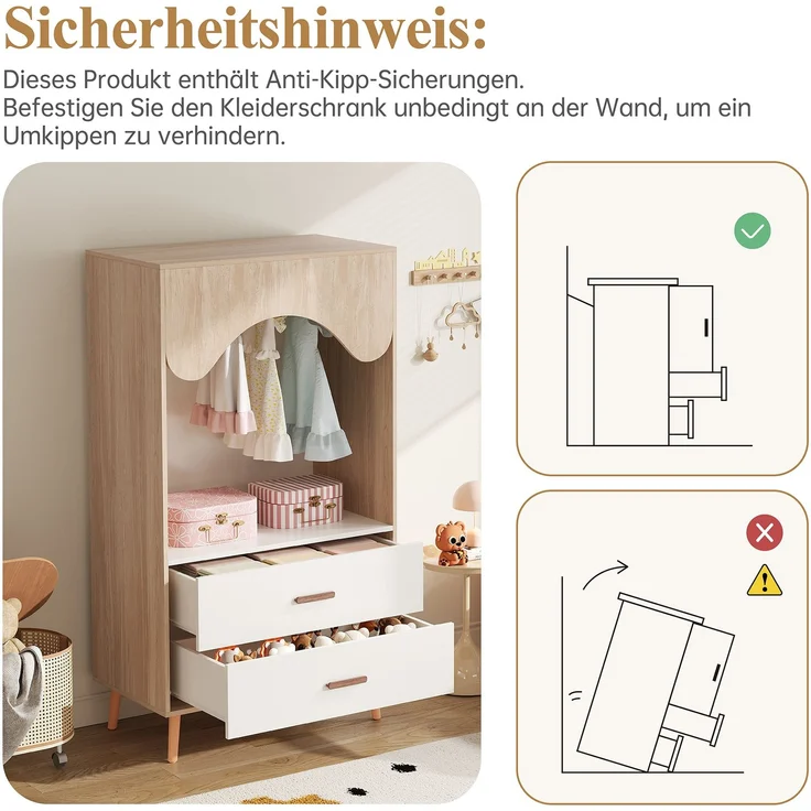 Offener Kinderkleiderschrank, HDF+Massivholzgriffe, Weiß-Natur Optik 80x46x141,5cm für Kinderzimmer Schlafzimmer – Bild 4